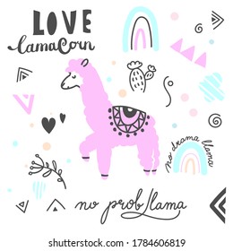 Pink llama. A set of lettering phrases no Lama drama. Illustration in Doodle style