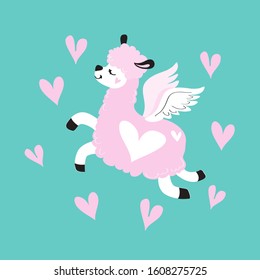 Pink llama with wings and pink hearts on a blue background. Valentine's day concept. Vector illustration of funny animals