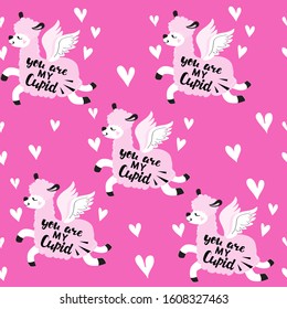 Pink llama with wings and the inscription you are my cupid on a pink background seamless pattern. Valentine's day concept. Vector illustration of funny animals