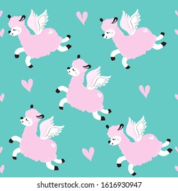 Pink llama with wings on a blue background seamless pattern. Valentine's day concept. Vector illustration of funny animals