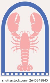 Pink Lobster in Blue Frame, Vector Illustration.