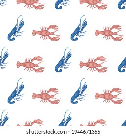 Pink lobsters marching seamless vector repeat pattern