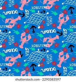 Pink lobsters and sea stars, nautical seamless vector pattern. Coastal design in pink and blue, colorful print for swimwear