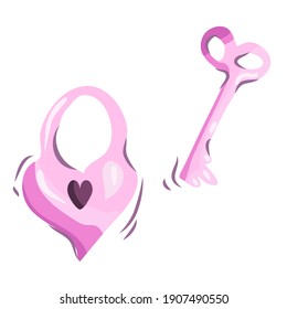 Pink lock and key. Vector illustration.