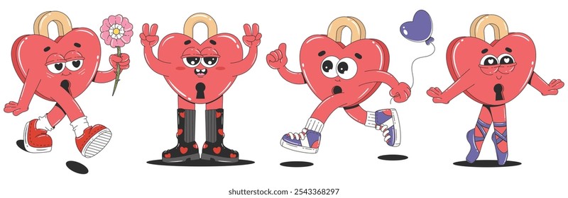 Pink lock in the shape of a heart. Collection of cartoon groovy characters. Valentine's Day love concept.