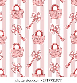 Cerraduras y llaves rosas con arcos de patrón transparente sobre fondo de rayas. Fondo del Día de San Valentín.