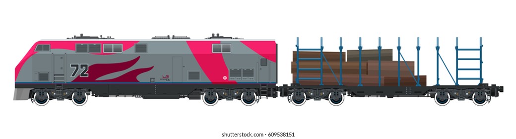 Pink Locomotive with Railway Platform for Timber Transportation, Train on White Background, Railway and Cargo Transport, Vector Illustration