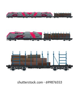 Pink Locomotive with Railway Platform for Timber Transportation, Train, Railway and Cargo Transport, Vector Illustration