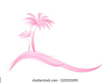 pink logo two palm trees on the island on the sea or ocean isolated on white, horizontal vector illustration
