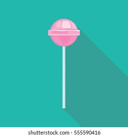 Pink Lollipop flat style with long shadow isolated on green background. Sweets vector sign symbol