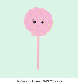 A pink lollipop with a hand-painted emoticon on it stands out against a simple background. The bright and cheerful design adds a touch of fun to the sweet treat