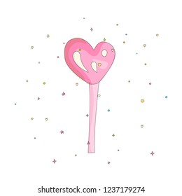 Pink lollipop heart shape fun cartoon vector icon. Sweet heart lollypop cartooning illustration with decoration on white background. Cartoon candy on the stick icon.