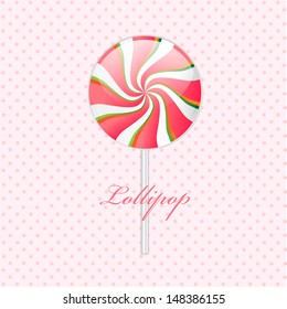 Pink lollipop on polka dotted background