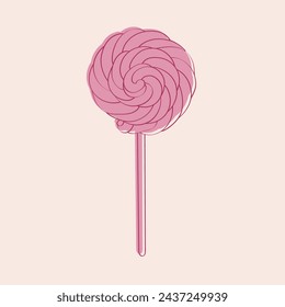 A pink lollipop is placed on a pink background. The candy vibrant color contrasts beautifully with the soft pink backdrop