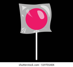 Pink lollipop with a plastic cover and a black background