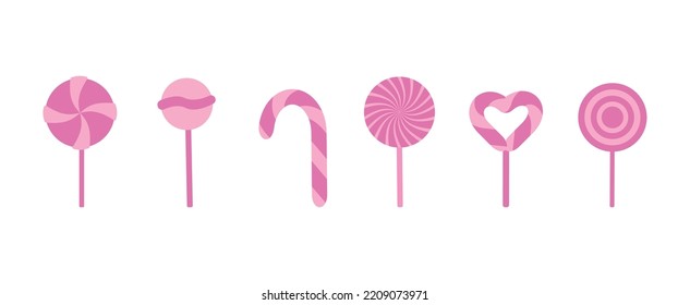 Colección de copas rosadas. Dulce sobre palo con diseño retorcido. Conjunto de vectores