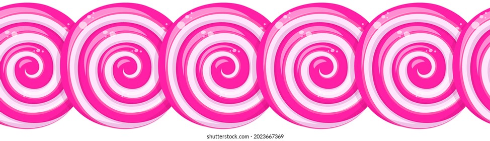 Pink lollipops row, border of twisted sucker candies. Vector cartoon abstract background, horizontal seamless pattern with strawberry or cherry hard sugar caramel, lollypop with spiral strips