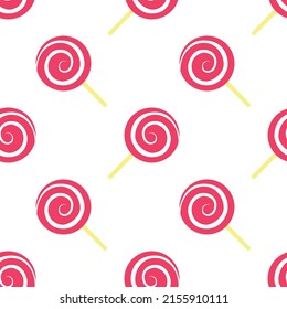 Pink lollypop with stick isolated on white background is in Seamless pattern - vector illustration 