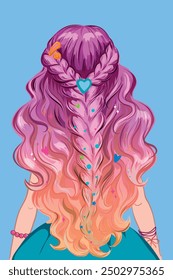 Pink long hair girl back view. Anime hair print. Colorful hairdress with curl in pink and orange colors. Pink hairstyle