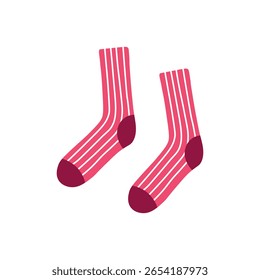 Pink long socks with white vertical stripes and maroon toes and heels, flat vector style on white background
