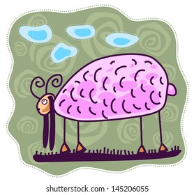 Pink Long-eared sheep standing and looking at the blue clouds. On a green background image, light green spiral clouds.