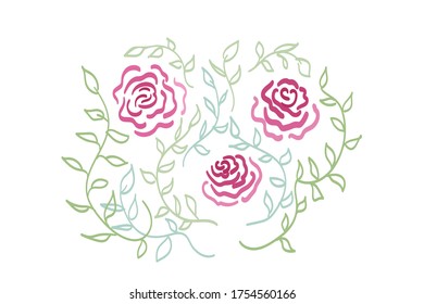 Pink loose roses in doodle style. Wedding invitation, birthday greeting card, banner decoration. Floral elements isolated on white background. Bright vibrant hand drawn sketch roses with leaves.