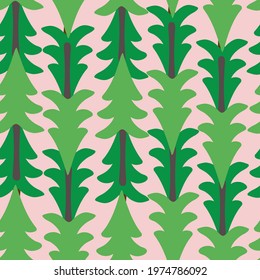 Pink with loose whimsical green overlapping Christmas trees seamless pattern background design.