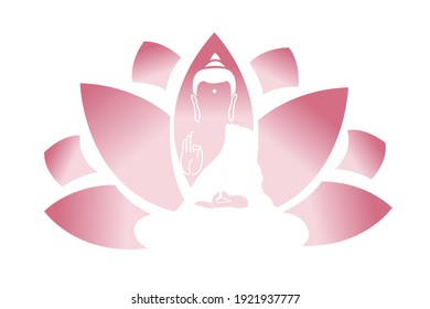 Rosa Lotud und Lord Buddha. Symbol des Buddha. Vesak Tag Grußhintergrund mit Buddha und Lotusblume. Yoga, Spiritualität. Vektor-Buddha-Silhouette für Spa-Logo