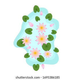 Pink lotus blossoms and lotus leaves floating on the water surface.On the top view,Isolated on a white background,Vector illustration.