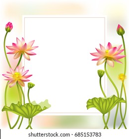 Pink lotus. Floral background. Border. Beautiful square frame. India. SPA-center. Cosmetology. Buddhism. Water lily.