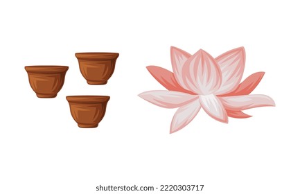 Pink Lotus Flower And Clay Tea Cup As China Object And Traditional Cultural Chinese Symbol Vector Set