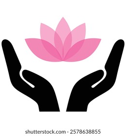 Pink lotus flower gently cradled in open hands, symbolizing peace, care, and serenity.