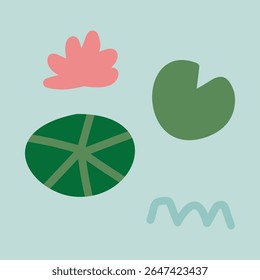 Pink lotus flower and green lily pad doodles on a water blue theme. Hand-drawn vector elements for botanical education, kids’ visuals, and wellness graphics.