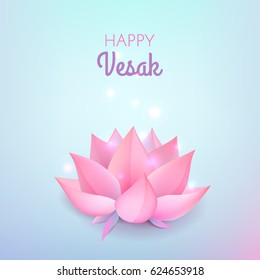 Pink lotus flower on pastel blue background. Vector illustration card for Vesak day on pastel blue background.