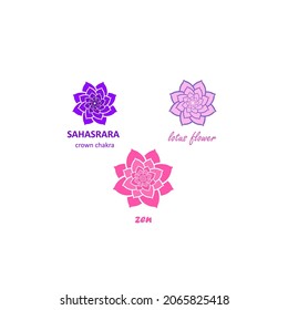 Pink lotus flower pattern and violet Seventh crown chakra Sahasrara for logo template isolated on white background. Mandala variation. Oriental indian, japanes, chinese style