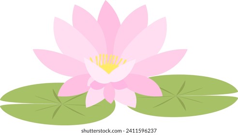 Pink lotus flower with petals open, yellow center, two green leaves. Simplified floral design, peaceful nature element vector illustration.