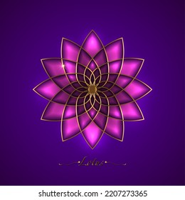 Pink Lotus flower, sacred geometry mandala, golden luxury ornament, gold line art floral logo. Flower blossom symbols of yoga, spa, beauty salon, cosmetics, relax, brand style. Vector isolated