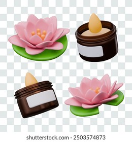 Pink lotus flower, scented candle in jar. Vector 3D models in different positions