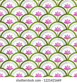 Pink Lotus flower seamless pattern. Oriental tiled trellis of half-circles with pink lotus flower and decorative border. Japanese ornament. Vector illustration.