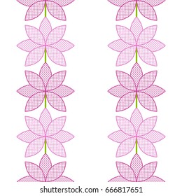 Pink Lotus flower seamless pattern. Garlands of lotus flower with lace petals. Oriental ornament of sacred flower shape with delicate half circle trellis inside. Floral motif. Vector illustration. 