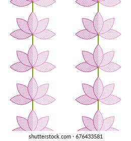 Pink Lotus flower seamless pattern. Garlands of lotus flower with lace petals and glossy effect. Oriental ornament of sacred flower shape with delicate half circle trellis inside.Vector illustration. 