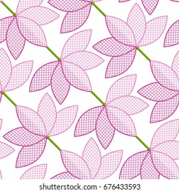 Pink Lotus flower seamless pattern. Garlands of lotus flower with lace petals and glossy effect. Oriental ornament of sacred flower shape with delicate half circle trellis inside.Vector illustration. 