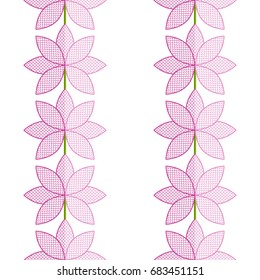 Pink Lotus flower seamless pattern. Garlands of lotus flower with lace petals and glossy effect. Oriental ornament of sacred flower shape with delicate half circle trellis inside.Vector illustration. 