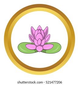 Pink lotus flower vector icon in golden circle, cartoon style isolated on white background