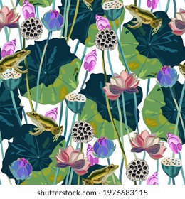 Pink lotus flowers, buds, seeds, green leaves and frog on white background. Hand drawn vector seamless pattern. Square design for fabric, wallpaper, wrapping paper, scrapbooking, invitation card.