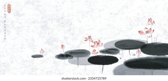 Pink lotus flowers in a calm pond painted on rice paper background. Traditional oriental ink painting sumi-e, u-sin, go-hua. Perfect for nature-themed designs.
