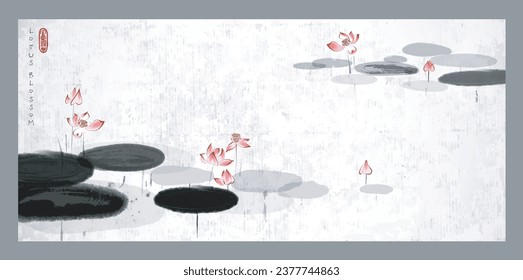 Pink lotus flowers in a calm pond painted on rice paper background. Traditional oriental ink painting sumi-e, u-sin, go-hua. Perfect for nature-themed designs