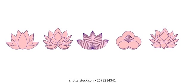 Pink lotus flowers collection. Minimalistic simple vector illustrations, icons and logos set.