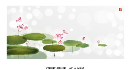 Pink lotus flowers with green leaves in calm pond on white glowing background. Traditional oriental ink painting sumi-e, u-sin, go-hua. Translation of hieroglyph - joy