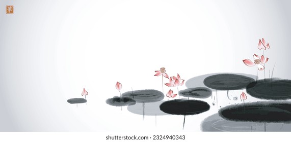 Pink lotus flowers in a pond on white background. Traditional oriental ink painting sumi-e, u-sin, go-hua. Translation of hieroglyph - flower.